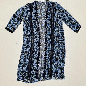 Emory Park Floral Open Front Cardigan Womens Small Sheer Short Sleeve Blue Iris